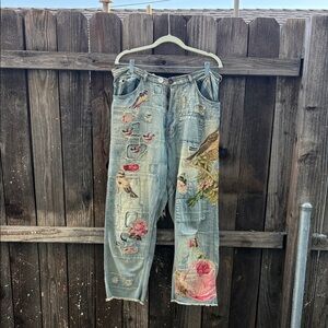 Magnolia Pearl Blue Boyfriend Jeans with Pink Floral Design